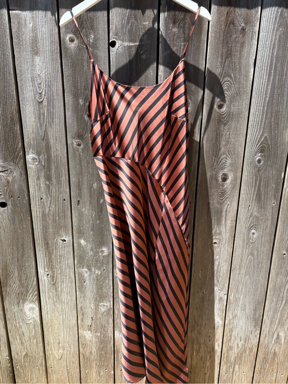 a new day Diagonal Stripe Satin Slip Midi Dress in Rust and Black